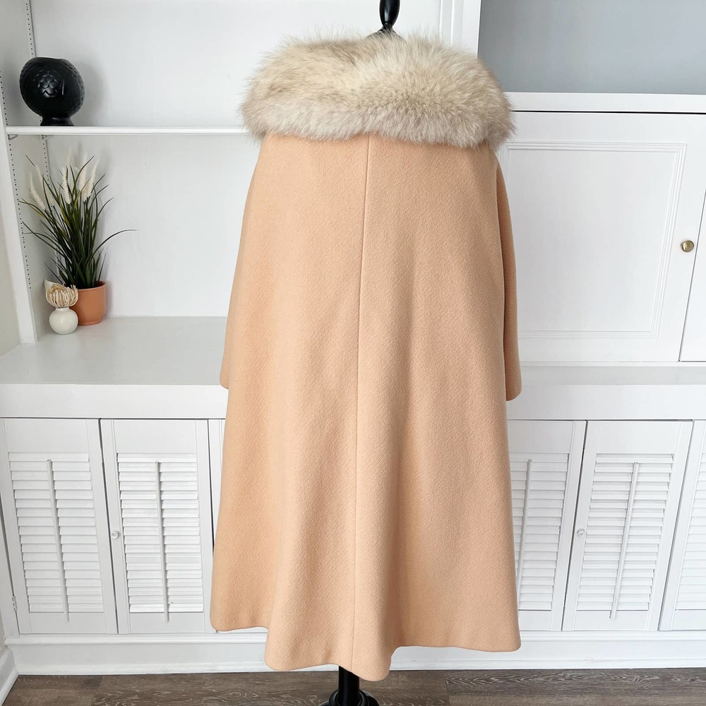 Vintage Romay Azens Fur Collar Camel Tan Wool Swing Cape Coat Size S/M - Picture 4 of 9